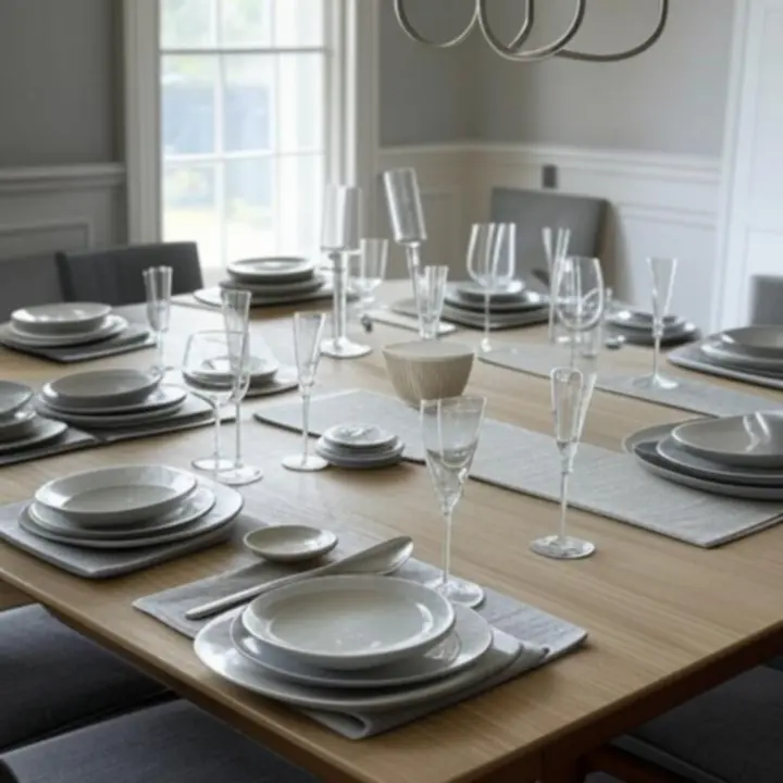 Elegancka jadalnia z produktami HouseMarketo na stole i półkach