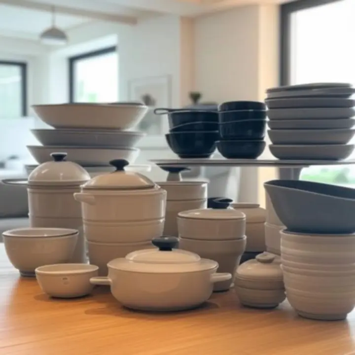 Stonowana aranżacja wnętrza z produktami HouseMarketo na półkach i stoliku