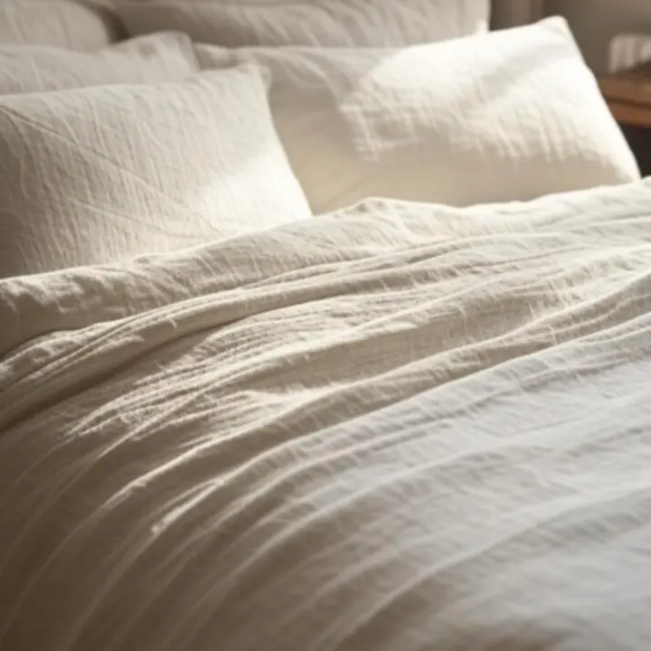 Komplet lnianej pościeli w jasnych, naturalnych barwach.