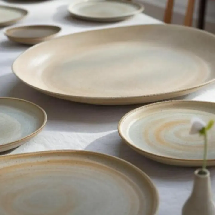 Zestaw kamionkowej zastawy stołowej w naturalnych odcieniach.