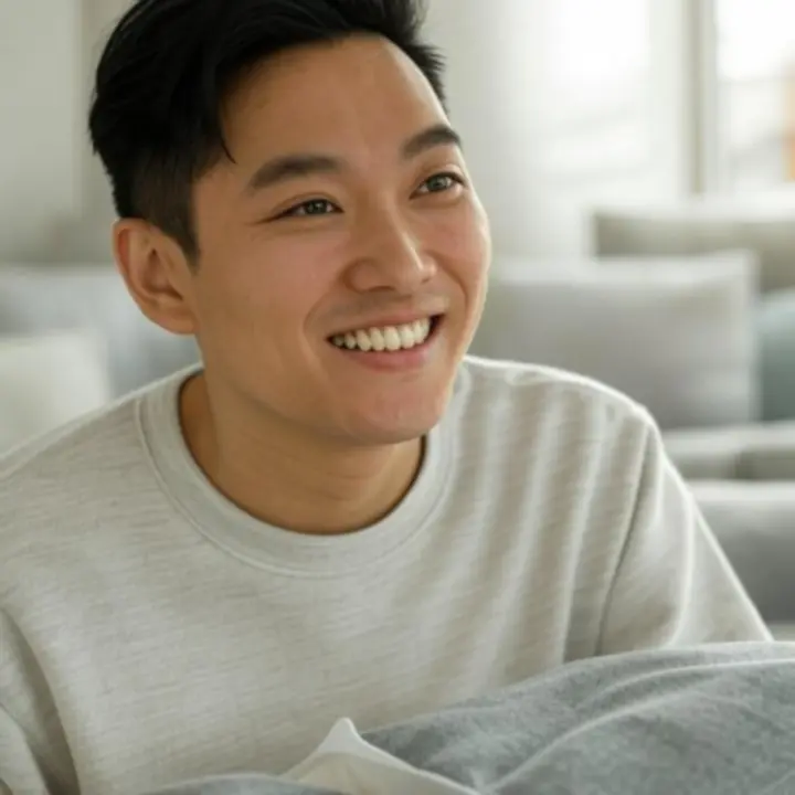 Kadr z wideo-recenzji przedstawiający klientkę prezentującą produkt HouseMarketo w swoim salonie.